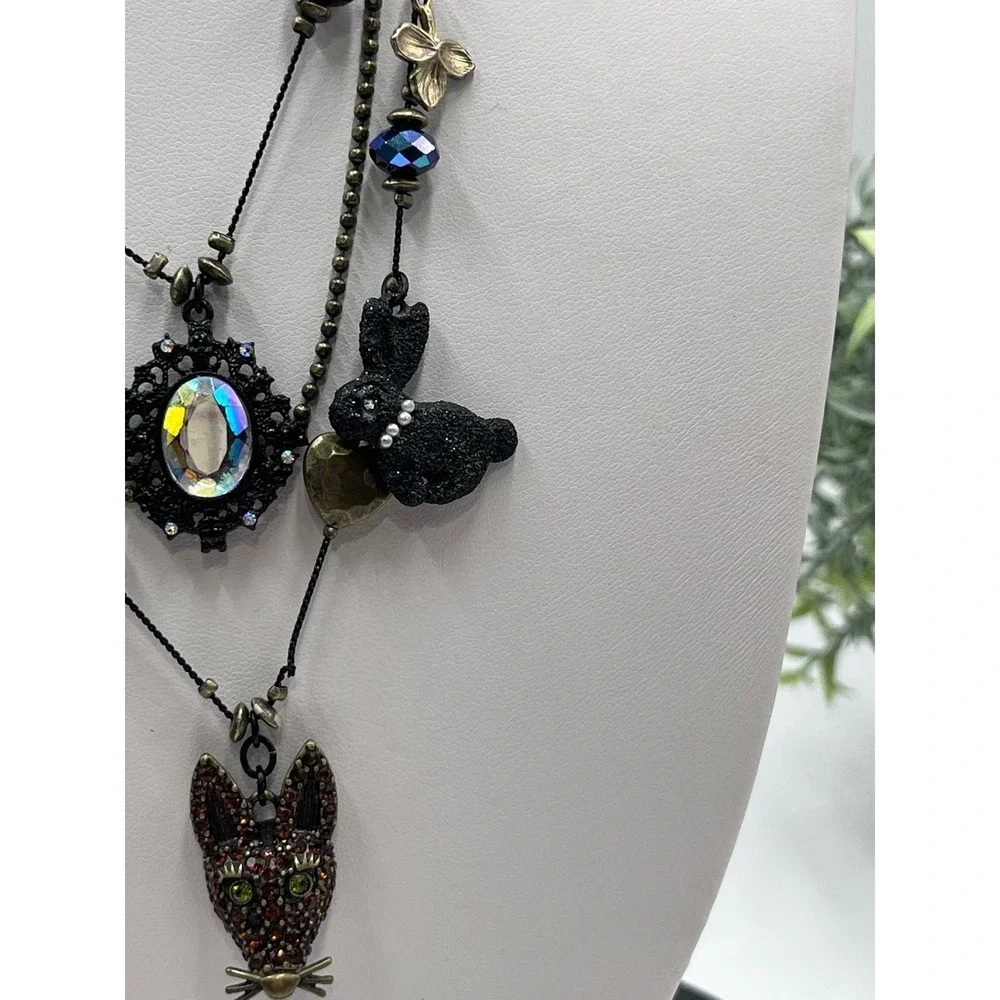 Betsey Johnson Dark‎ Forest Triple Strand Gunmetal Necklace Fox Rabbit Charms